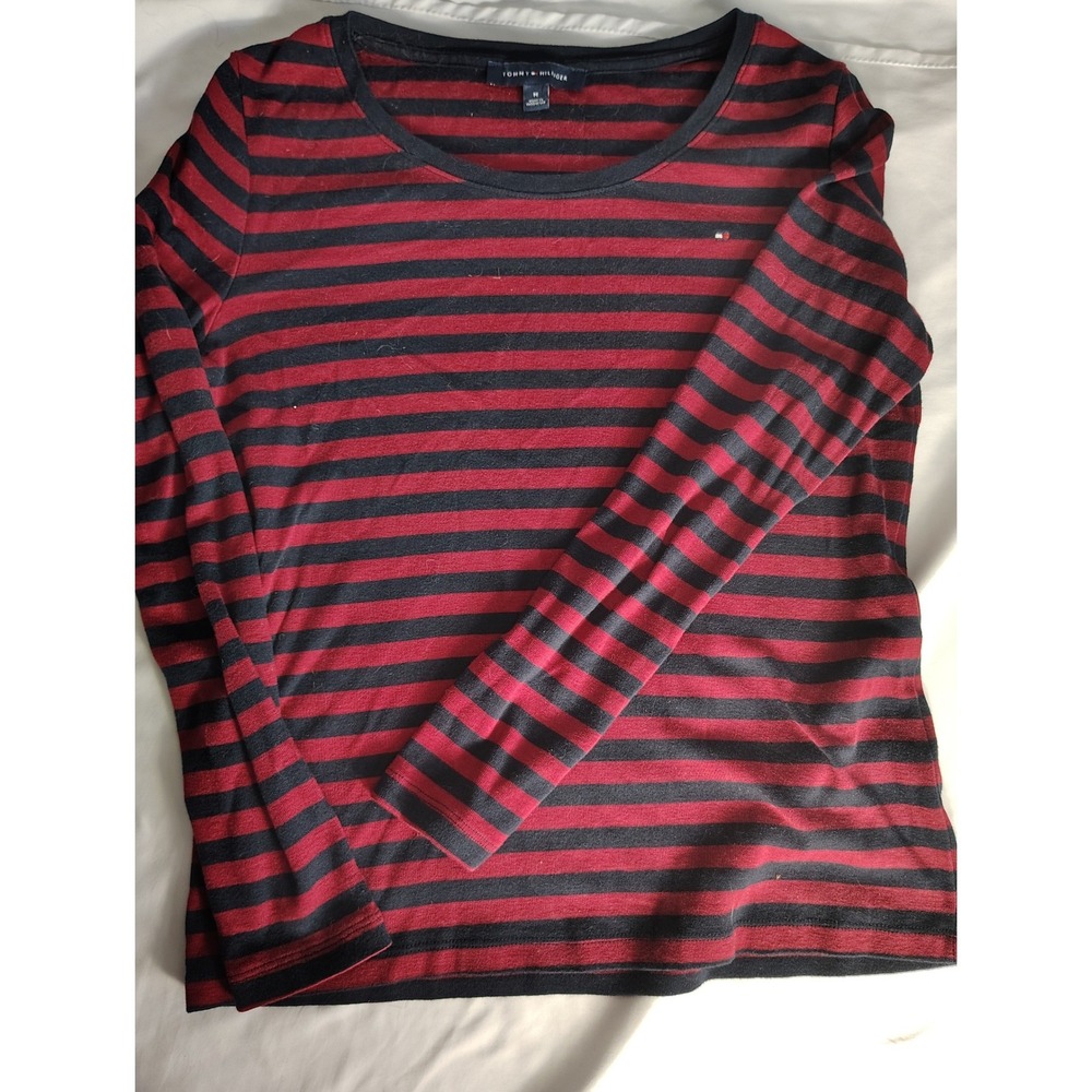 Tommy Hilfiger Womens Red Navy Blue Striped Long Sleeve Cotton Top Size M